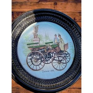 vintage tile ceramic trivet antique wagon car vehicle wall plaque, round decor B